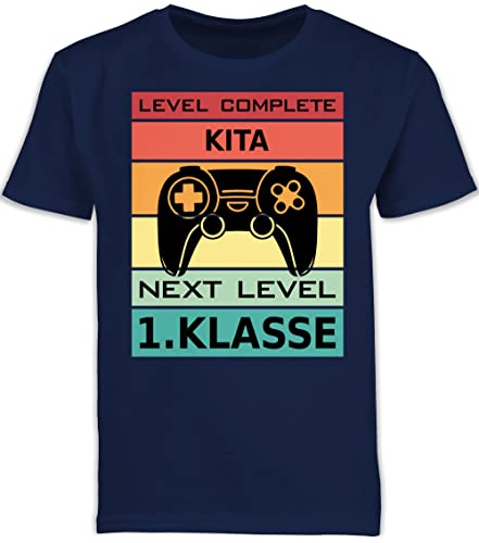 Kinder T-Shirt Jungen Schulanfang - Einschulung Junge - Level Complete Kita - Next Level 1. Klasse - 140 (9/11 Jahre) - Navy Blau - 1.schuljahr Tshirts Shirt Schulkind schulanfänger kiga Schule von Shirtracer