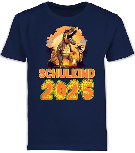 Kinder T-Shirt Jungen Schulanfang - Einschulung Junge - Schulkind 2025 Dinosaurier Dino Saurier - 128 (7/8 Jahre) - Navy Blau - Tshirt Outfit 1.Schultag schulanfänger 2024 Shirt einschulungsoutfit von Shirtracer