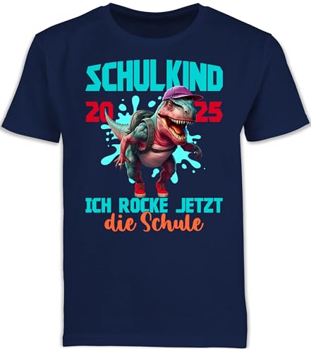 Kinder T-Shirt Jungen Schulanfang - Einschulung Junge - Schulkind 2025 Dinosaurier T-Rex Ich Rocke jetzt die Schule - 128 (7/8 Jahre) - Navy Blau - schuleinführung Tshirt. Outfit 1.Schultag von Shirtracer