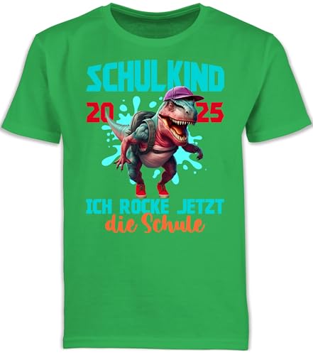 Kinder T-Shirt Jungen Schulanfang - Einschulung Junge - Schulkind 2025 Dinosaurier T-Rex Ich Rocke jetzt die Schule - 140 (9/11 Jahre) - Grün - schuleinführung Tshirt. Outfit 1.Schultag von Shirtracer