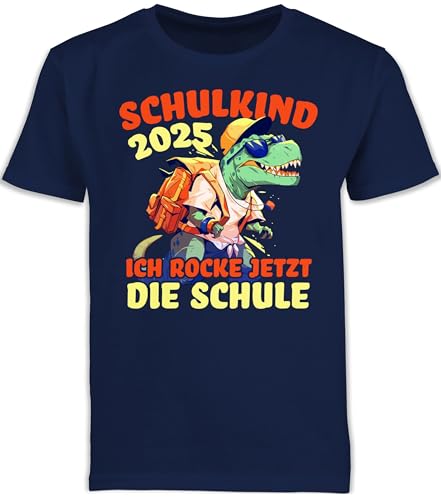 Kinder T-Shirt Jungen Schulanfang - Junge - Schulkind 2025 Ich Rocke jetzt die Schule T-Rex | Dinosaurier | Erstklässler | Schulstart | Geschenk zur Einschulung - 116 (5/6 Jahre) - Navy Blau von Shirtracer
