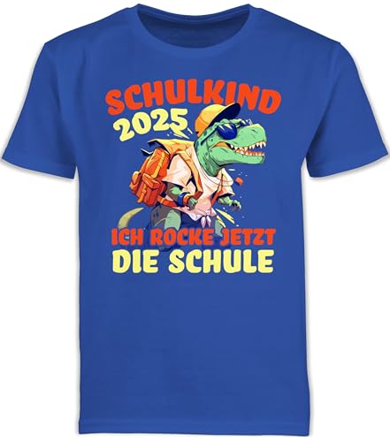 Kinder T-Shirt Jungen Schulanfang - Junge - Schulkind 2025 Ich Rocke jetzt die Schule T-Rex | Dinosaurier | Erstklässler | Schulstart | Geschenk zur Einschulung - 140 (9/11 Jahre) - Royalblau von Shirtracer