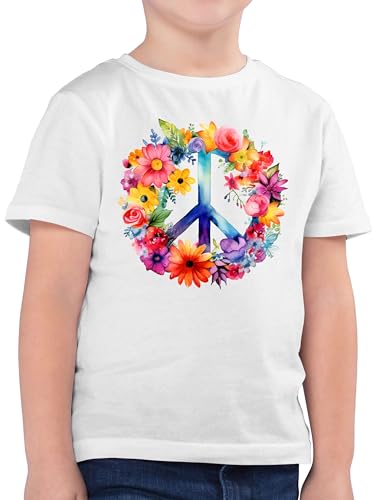 Kinder T-Shirt Jungen - Statement - Peacezeichen I Peace Symbol Hippie I Frieden I 60er I 70er Flower Power I Flowerpower - 128 (7/8 Jahre) - Weiß - Shirt sprüche Hippy Junge Hippi friede mit von Shirtracer
