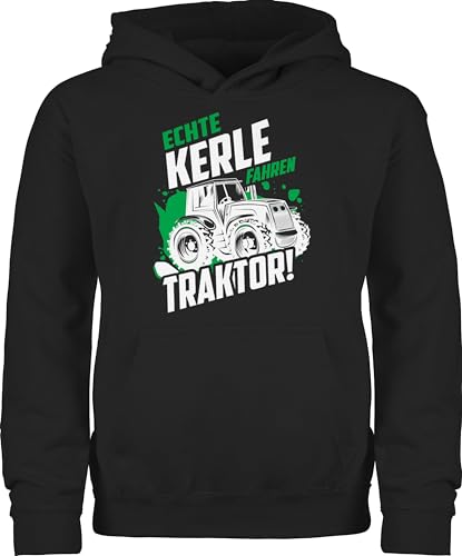 Kinder Hoodie Jungen Mädchen - Bagger und Co. - Echte Kerle fahren Traktor - weiß - 128 (7/8 Jahre) - Schwarz - winter pullover junge traktoren fahrzeuge trecker kinderpullover hoddies/pullies von Shirtracer