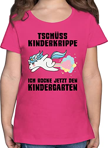 T-Shirt Mädchen - Hallo - Fliegendes Einhorn - Tschüss Kinderkrippe ich Rocke jetzt den Kindergarten - 104 (3/4 Jahre) - Fuchsia - Kindergartenkind Tshirt Kita Start Geschenk krippe kindershirts von Shirtracer