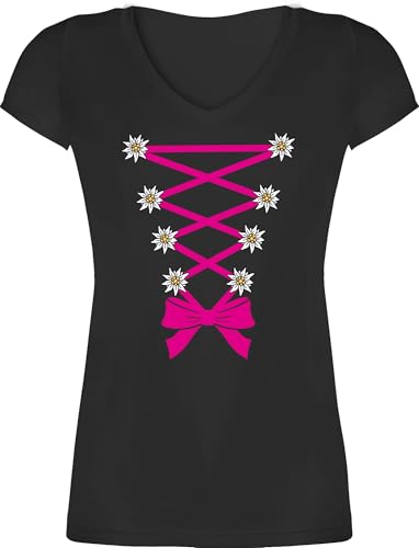 T-Shirt Damen V Ausschnitt - Kompatibel Oktoberfest - Dirndl mit Edelweiß - XS - Schwarz - trachtenshirt Trachten-Tshirt bayrische Edelweiss Shirts trachtenshirts tailliertes Trachten Tshirt von Shirtracer