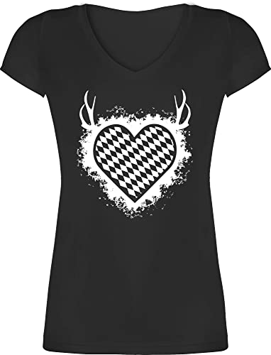 T-Shirt Damen V Ausschnitt - Kompatibel Oktoberfest - Herz mit Bayrischem Muster - XL - Schwarz - oktoberfestkleidung t Shirt Frauen v-Ausschnitt Tshirt Tracht Bavaria damenshirts lässig Kurzarm von Shirtracer