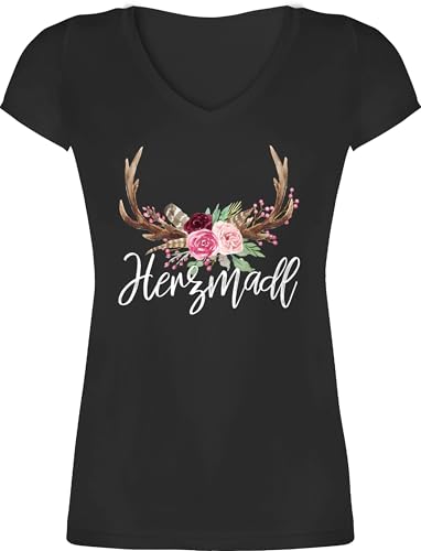 T-Shirt Damen V Ausschnitt - Kompatibel mit Oktoberfest - Herzmadl - XS - Schwarz - trachtenshirt Trachten-Tshirt bayrische MADL Shirts Cooles Bayerisches Shirt tailliertes Trachten Tshirt bayrisch von Shirtracer