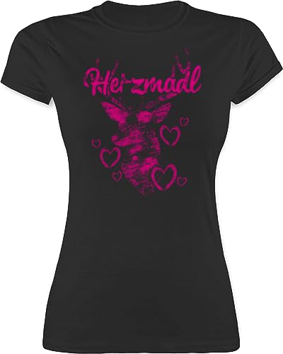 Shirt Damen - Kompatibel Oktoberfest - Herzmadl mit Hirsch und Herzen - Fuchsia - XL - Schwarz - oktoberfestkleidung Shirts Frauen Tshirt Trachten Bavaria t oktoberfestoutfit oktoberfestbekleidung von Shirtracer