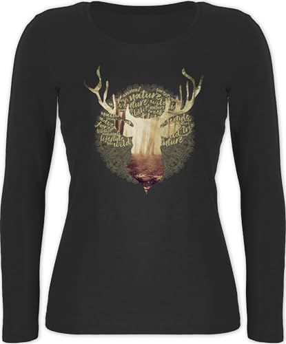 Langarmshirt Damen - Kompatibel mit Oktoberfest - Hirsch Motiv Geschenk Jäger I Hirschgeweih Tracht - L - Schwarz - trachtenshirt Bayerisches Oberteil Frau bayrische Jaeger Shirt Trachten von Shirtracer