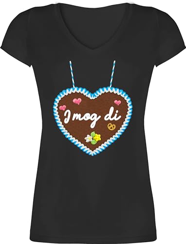 T-Shirt Damen V Ausschnitt - Kompatibel mit Oktoberfest - I mog di - Lebkuchenherz - Gänseblümchen Butterblume Herzen - 3XL - Schwarz - trachtenshirt Trachten-Tshirt bayrische wiesnherzen Shirts von Shirtracer