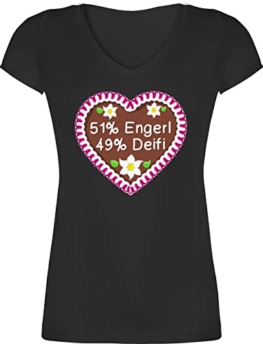 T-Shirt Damen V Ausschnitt - Kompatibel mit Oktoberfest - Lebkuchenherz 51% Engerl 49% Deifi - XS - Schwarz - trachtenshirt Trachten-Tshirt bayrische edelweiß Tshirt trachtenoberteil trachtenshirts von Shirtracer