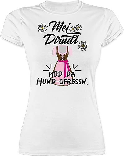 Shirt Damen - Kompatibel mit Oktoberfest - MEI Dirndl hod da Hund gefressen I - M - Weiß - oktoberfestoutfit Oktober fest Tshirt mädchen Trachten t Shirts Frauen bayrische sprüche tailliert von Shirtracer