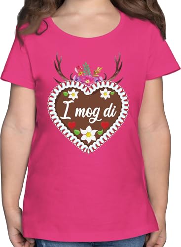 T-Shirt Mädchen - Kompatibel Oktoberfest Kinder Trachtenshirt - Lebkuchenherz I mog di mit Geweih und Blumen - 116 (5/6 Jahre) - Fuchsia - Trachten Outfit Kind bayrisch edelweiß Tshirt von Shirtracer
