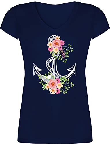 T-Shirt Damen V Ausschnitt - Kunst - Anker Herzschlag - XL - Dunkelblau - Art ankern t Shirt maritim Tshirt ankermotiv t-Shirts maritimer Tshirts Shirts mit von Shirtracer