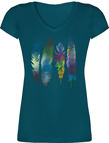 T-Shirt Damen V Ausschnitt - Kunst - Federn Wasserfarbe Watercolor Feathers - M - Türkis - Feder-Print-Shirt Art Motiven Feder Shirts Tshirt Feather Shirt Hippie Oberteil Wasserfarben t-Shirts von Shirtracer