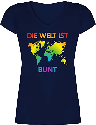 T-Shirt Damen V Ausschnitt - LGBTQ Kleidung Pride Flag - Die Welt ist bunt – Regenbogen Farben - L - Dunkelblau - Oberteil Shirt LGBT Tshirts Gay lgbtqia t-Shirts CSD Tshirt Frauen Lesbian von Shirtracer