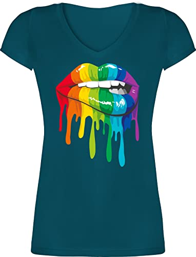 T-Shirt Damen V Ausschnitt - Kleidung Pride Flag - Lippen LGBT & LGBTQ - XXL - Türkis - t Shirt Regenbogen lippe Gay lgbtqia Tshirt sexy lqbtq Shirts CSD v-Ausschnitt Lesbian für von Shirtracer