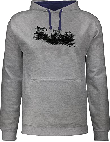 Pullover Herren Frauen Hoodie Kontrast zweifarbig - Traktoren Wiese - M - Grau meliert/Navy Blau - Pulli Damen Geschenk Traktor trecker jh003 Bauern Hoddies/pullies landwirtschafts pullis mit Drauf von Shirtracer