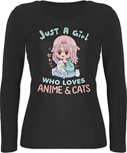 Langarmshirt Damen - Geschenke - Just a Girl who Loves Anime & Cats Kawaii Chibi - M - Schwarz - Geschenk+Anime Katze and von Shirtracer