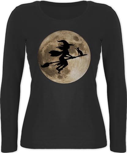 Langarmshirt Damen - Hexe Halloween Hexen auf Besen Vollmond Katze Witch Mond - L - Schwarz - oberteil halloween-langarmshirt haloween outfits fliegende langarmshirts oberteile halloween-oberteil von Shirtracer