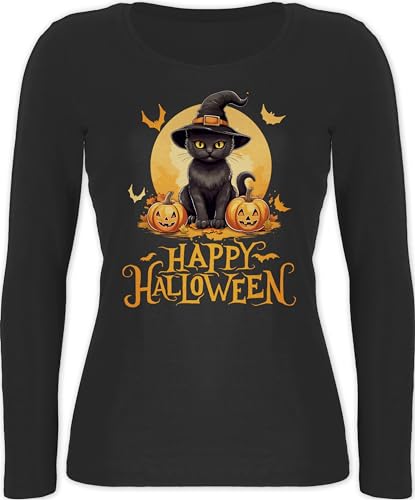 Langarmshirt Damen - Happy Halloween Katze Hexenhut Lustig Katzenliebhaber Cat - M - Schwarz - Langarm Oberteil Halloween-Langarmshirt Haloween Outfits Katzen Longsleeve top Halloween-Oberteil von Shirtracer
