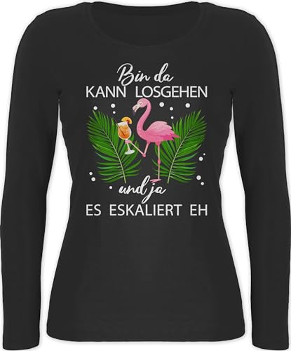 Langarmshirt Damen - Karneval & Fasching - Bin da kann losgehen und ja es eskaliert eh I Flamingo Kostüm Lustig Mallorca - L - Schwarz - Oberteil Karnevals t Shirt Faschings Malle Langarm von Shirtracer