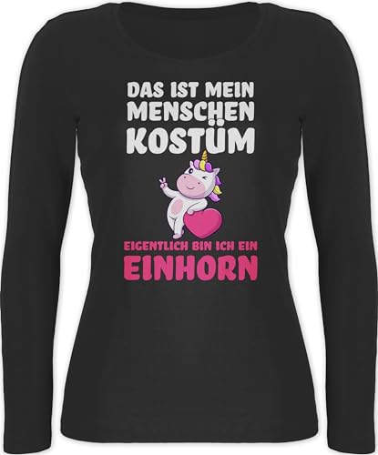 Langarmshirt Damen - Karneval & Fasching - Das ist Mein Menschen Kostüm - Eigentlich Bin ich EIN Einhorn - XXL - Schwarz - „Fasching“ Oberteil „Karneval“ t-Shirt mit langem arm von Shirtracer