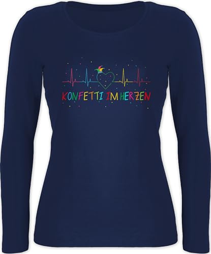 Langarmshirt Damen - Karneval & - Konfetti im Herzen Herzschlag Fasching I - L - Marineblau - t-Shirt Langarm Karnevals t Shirt Faschings EKG Oberteil Tshirt faschingsshirt fassenacht Herz Shirts von Shirtracer