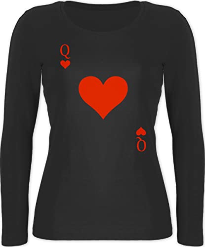 Langarmshirt Damen - & Fasching - Queen Kartenspiel Karneval - Spielkarte Dame Rot Herz Königin - M - Schwarz - Karnevals t Shirt fassenacht Poker Tshirt Langarm herzdame Oberteil von Shirtracer