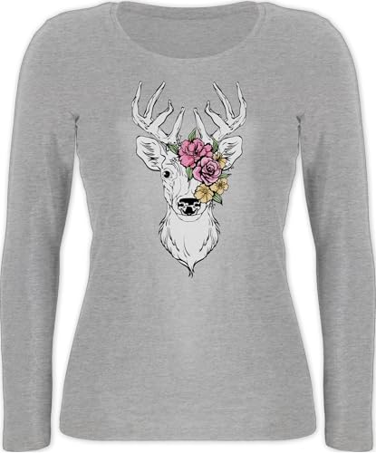 Langarmshirt Damen - Kompatibel Oktoberfest - Hirsch mit bunten Blumen - XS - Grau meliert - trachtenshirt Bayerisches Oberteil Frau bayrische Shirt trachtenshirts trachtentshirts bayrisch Langarm von Shirtracer