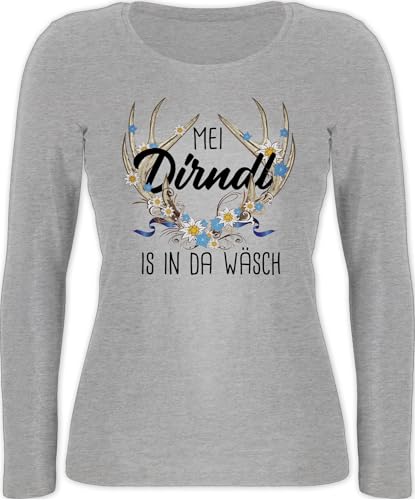 Langarmshirt Damen - Kompatibel Oktoberfest - MEI Dirndl is in da Wäsch - mit Hirschgeweih und Edelweiß - S - Grau meliert - Volksfest Mein ist der wäsche Tshirt Langarm Bayerisches Oberteil von Shirtracer