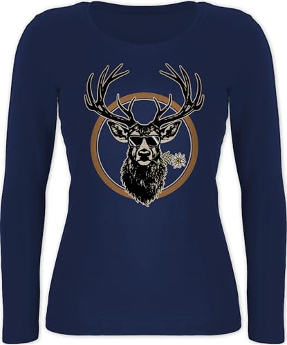 Langarmshirt Damen - Kompatibel mit Oktoberfest - Cooler Hirsch Hirschgeweih Jäger - L - Marineblau - t-Shirt Langarm Bayerisches Oberteil Frau bayrische hirsche Shirt Tshirt trachtentshirts von Shirtracer