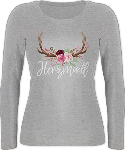 Langarmshirt Damen - Kompatibel mit Oktoberfest - Herzmadl - L - Grau meliert - hirschgeweih Tshirt Langarm bayrisches Oberteil Trachten Outfit bayerische MADL Langarmshirts trachtenshirt lang von Shirtracer