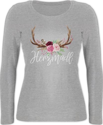 Langarmshirt Damen - Kompatibel mit Oktoberfest - Herzmadl - L - Grau meliert - trachtenshirt Bayerisches Oberteil Frau bayrische MADL Shirt trachtentshirts Trachten Tshirt Langarm bayrisch Hirsch von Shirtracer