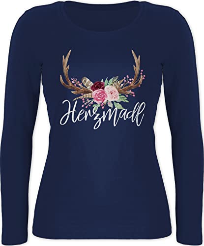 Langarmshirt Damen - Kompatibel mit Oktoberfest - Herzmadl - S - Marineblau - trachtenshirt Bayerisches Oberteil Frau bayrische MADL Langarm trachtentshirts bayerische Outfit bayrisch Hirsch von Shirtracer
