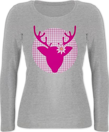 Langarmshirt Damen - Kompatibel mit Oktoberfest - Hirsch Edelweiß - L - Grau meliert - Trachten Tshirt Bayerisches Oberteil Frau bayrische REH Shirt trachtenshirt trachtentshirts bayrisch wasen von Shirtracer