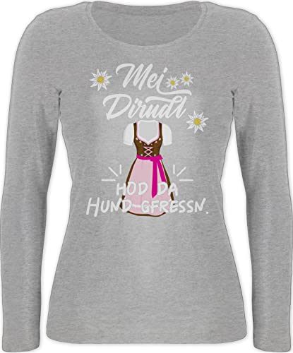 Langarmshirt Damen - Kompatibel mit Oktoberfest - MEI Dirndl hod da Hund gfressn - XL - Grau meliert - Langarm trachtenshirt Tracht Outfit Oberteil Trachten Oktober Oberteile bayrischer Abend von Shirtracer