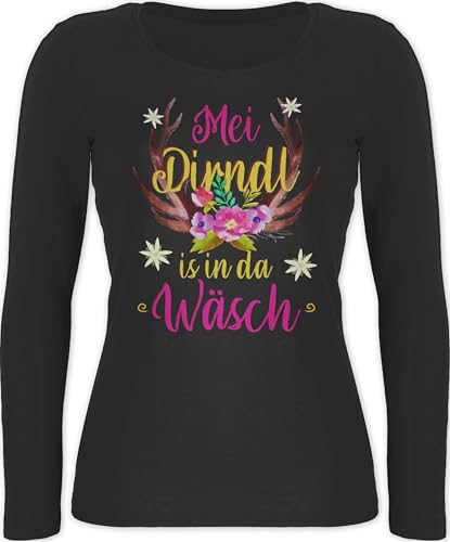 Langarmshirt Damen - Kompatibel mit Oktoberfest - MEI Dirndl is in da Wäsch - Hirschgeweih - L - Schwarz - trachtenshirt Bayerisches Oberteil Frau bayrische Hirsch Shirt trachtentshirts bayrisch von Shirtracer
