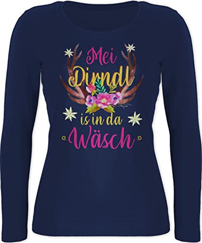 Langarmshirt Damen - Kompatibel mit Oktoberfest - MEI Dirndl is in da Wäsch - Hirschgeweih - XXL - Marineblau - Trachten sprüche Langarm Oberteil Tracht bayrischer Abend ist der wäsche von Shirtracer