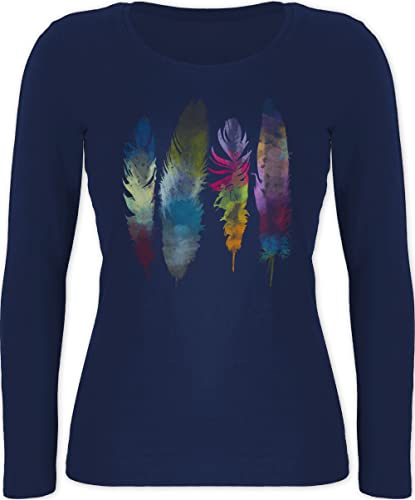 Langarmshirt Damen - Kunst - Federn Wasserfarbe Watercolor Feathers - M - Marineblau - Feder-Print-Shirt Art Motiven Feder Hippie Feather Wasserfarben von Shirtracer