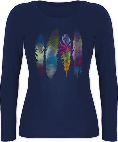 Langarmshirt Damen - Kunst - Federn Wasserfarbe Watercolor Feathers - XL - Marineblau - Feder-Print-Shirt yogashirth lang Art Feder Shirt Hippie Langarm Feather Motiven Wasserfarben von Shirtracer