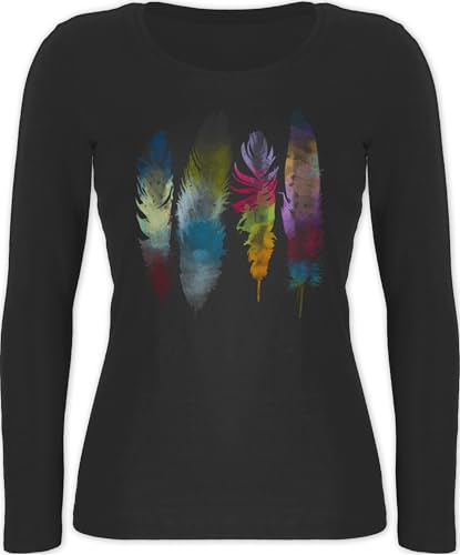 Langarmshirt Damen - Kunst - Federn Wasserfarbe Watercolor Feathers - XXL - Schwarz - Feder-Print-Shirt yogashirth lang Art Feder Shirt Hippie Langarm Feather Motiven Wasserfarben von Shirtracer