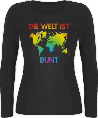 Langarmshirt Damen - LGBTQ Kleidung Pride Flag - Die Welt ist bunt – Regenbogen Farben - XXL - Schwarz - Kleidung+LGBTQ LGBT Bunte Shirt Oberteil CSD Shirts Lesbian Langarm lqbtq Gay lgbtqia Queer von Shirtracer