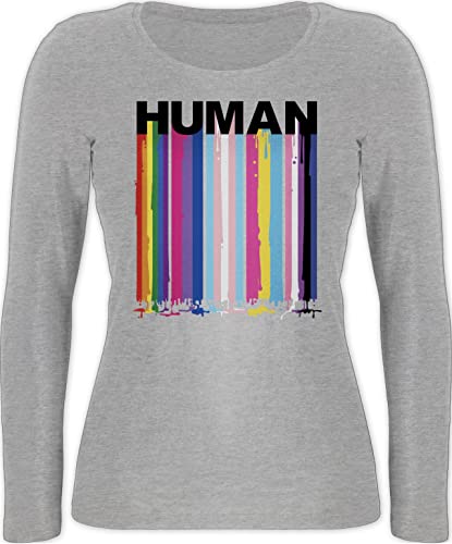 Langarmshirt Damen - LGBTQ Kleidung Pride Flag - Human Blockschrift Regenbogen Farben Tropfen - L - Grau meliert - Gay Regenbogenfarben lgbtqia LGBT CSD lqbtq Lesbian von Shirtracer