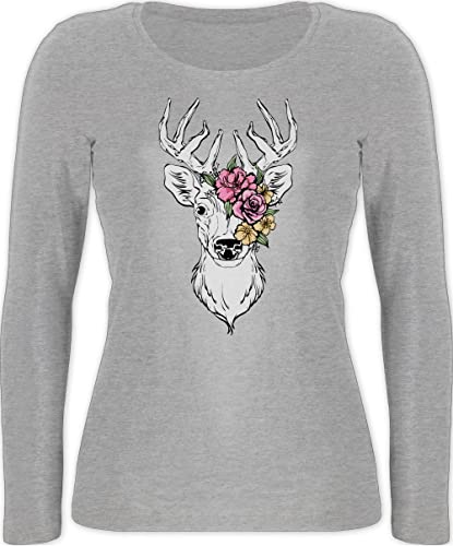 Langarmshirt Damen - Kompatibel Oktoberfest - Hirsch mit bunten Blumen - S - Grau meliert - Langarm Tracht Oberteil Bayerisches Outfit bayrisches Shirt t-Shirt trachtenshirts bayerischer Tshirt von Shirtracer