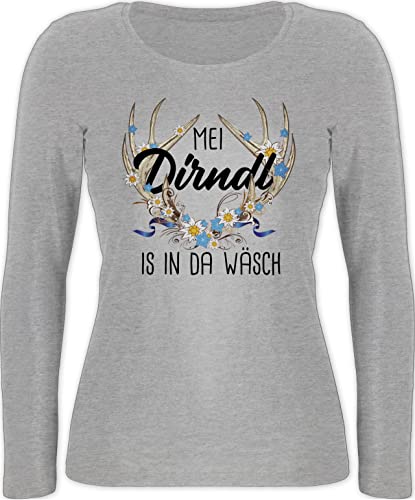 Shirtracer Langarmshirt Damen - Kompatibel Oktoberfest - MEI Dirndl is in da Wäsch - mit Hirschgeweih und Edelweiß - XL - Grau meliert - Bayerisches Oberteil Langarm bayerisch bayrischer Abend Outfit von Shirtracer