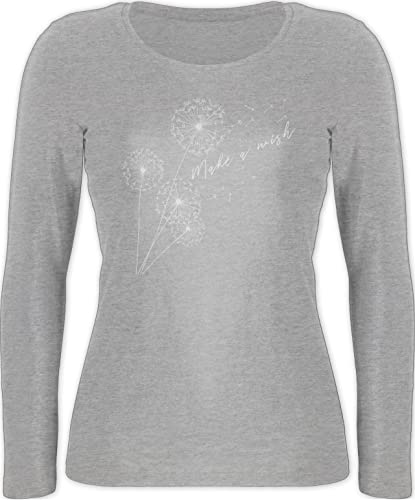 Langarmshirt Damen - Sprüche Statement - Pusteblume Make a Wish Weiß - XXL - Grau meliert - mit Aufschrift Dandelion Langarm Spruch Longshirt Shirts t-Shirt t Shirt Tshirt Statements pusteblumen von Shirtracer