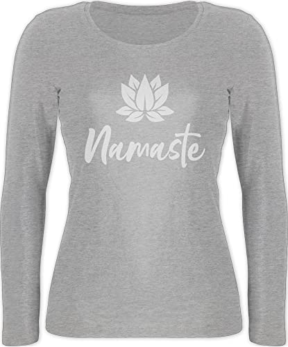 Langarmshirt Damen - Yoga und Wellness Geschenk - Namaste mit Lotusblüte weiß - L - Grau meliert - Shirt Longsleeve Langarm Bekleidung Oberteil Kleidung Oberteile leiberl von Shirtracer