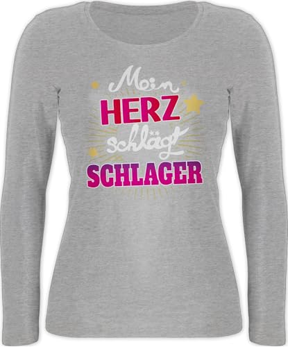 Langarmshirt Damen - Party Outfit - Mein Herz schlägt Schlager - XXL - Grau meliert - Oberteil für schlagerparty Schlager-Outfit schlagernacht Malle Shirt Tshirt Langarm Oberteile schlagerfans von Shirtracer